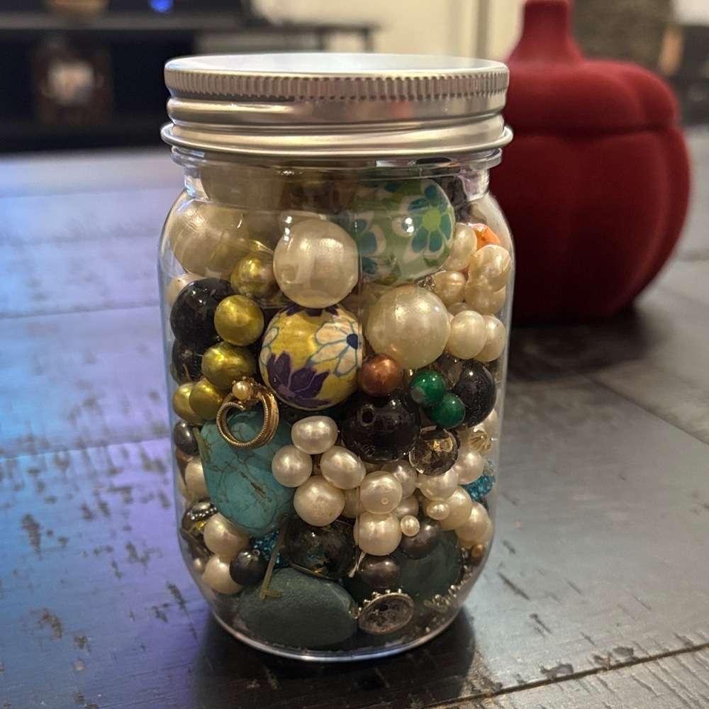 Mini Jar of Beads Faux Pearl Glass Turquoise Etc Crafting Jewelry Making